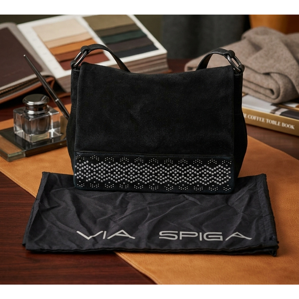 Via Spiga Black Suede Studded Shoulder Bag Leather Strap Hobo Handbag Medium